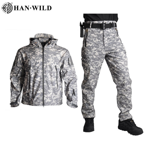 HAN WILD TAD Tactical Jackets Men Soft Shell Jacket Army Windproof Camo Hunting Suit Shark Skin Military Hiking Jacket+Pants 5XL