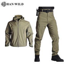 HAN WILD TAD Tactical Jackets Men Soft Shell Jacket Army Windproof Camo Hunting Suit Shark Skin Military Hiking Jacket+Pants 5XL