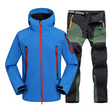 2pc Mens Waterproof Hiking suits Softshell Fleece Jackets and Pants Outdoor Trekking Camp Coat Set Pants Climb Skiing Trousers