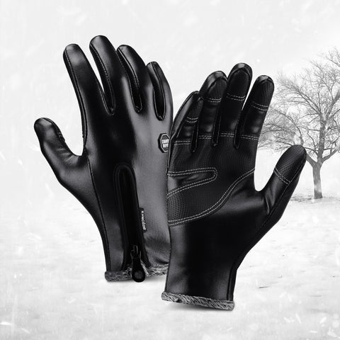 Men's Leather Gloves Velvet Female Waterproof Mittens Luva guantes Screen Touch Hiking Gloves Winter for Hiking Cycling Black